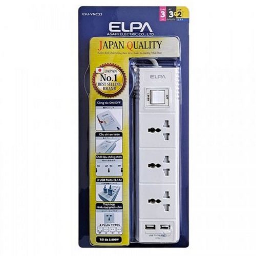 Ổ cắm điện ELPA ESU-VNC33 (3 ổ điện/1 công tắc/3m/2xUSB)