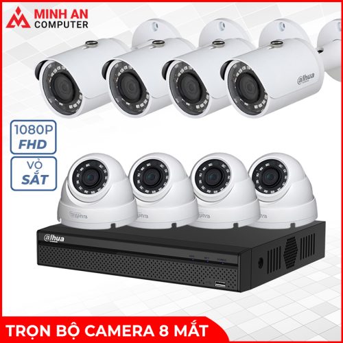 Trọn bộ Camera 8 mắt DAHUA 8 CỔNG 2.0 - Full HD (Vỏ cam sắt)