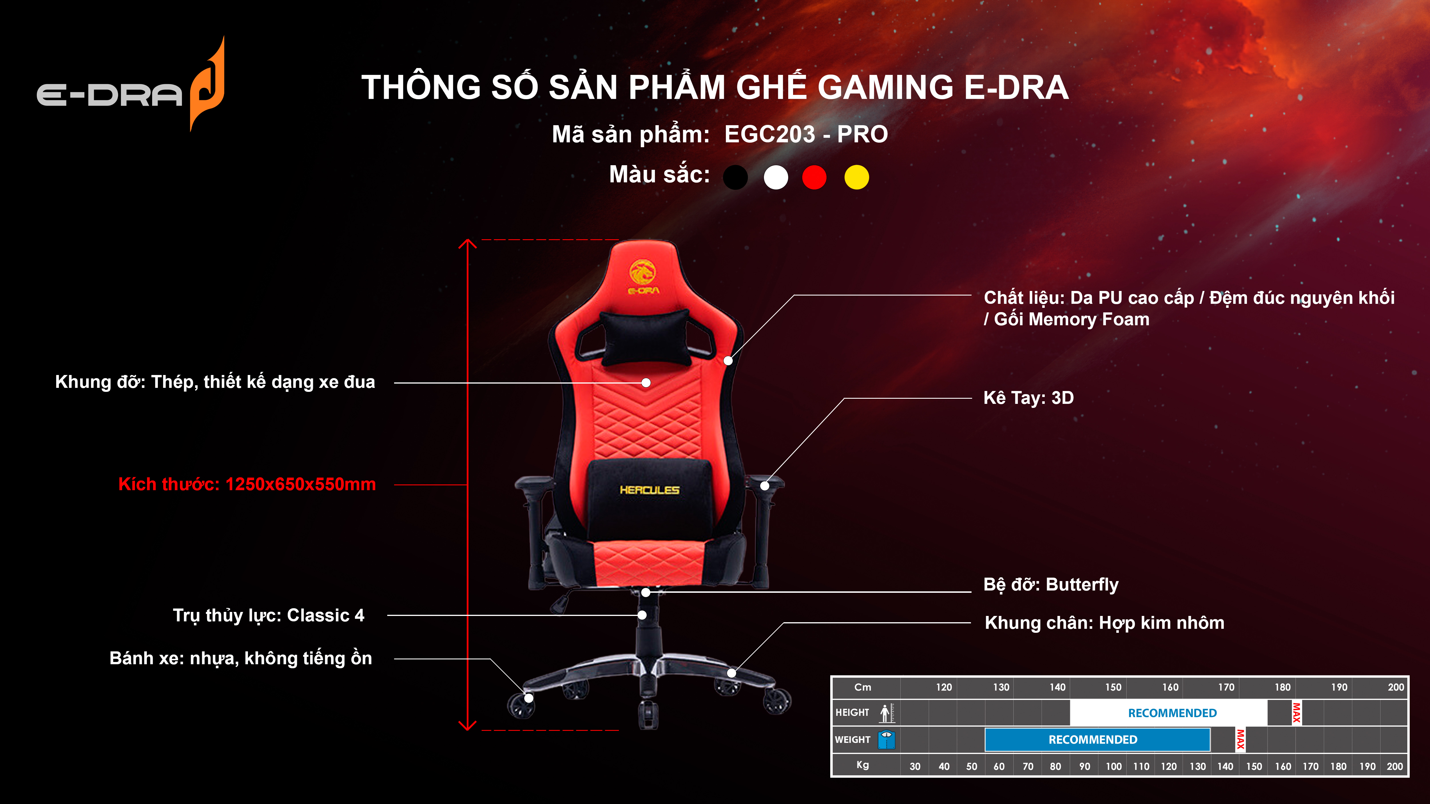 Ghế chơi game E-Dra Hercules EGC203 Pro Yellow