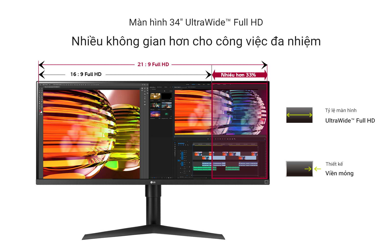 Không gian hiển thị của Màn hình LG UltraWide 34WP65G-B.ATV rộng lớn