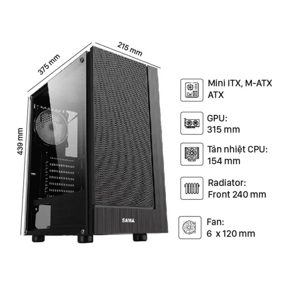 Vỏ Case SAMA 3301 Black (ATX/Mid Tower/3 Fan RGB)
