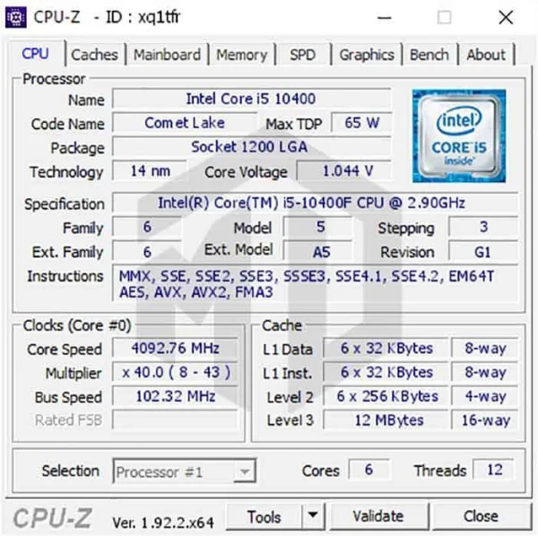 CPU Intel Core i5 10400 (2.90 GHz Turbo 4.30 GHz | 6C | 12T | 12MB)