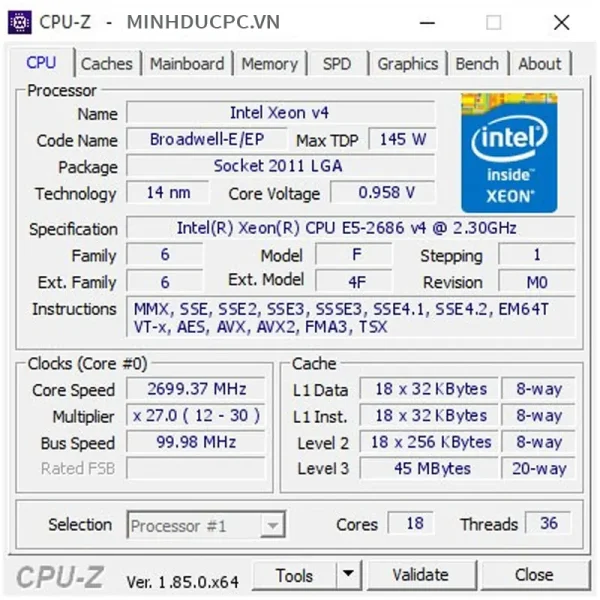 CPU Intel Xeon E5 2686 v4 (2.3GHz Turbo 3.0GHz | 18 Nhân 36 Luồng | 45MB Cache)(2.3GHz Turbo 3.0GHz | 18 Nhân 36 Luồng | 45MB Cache)