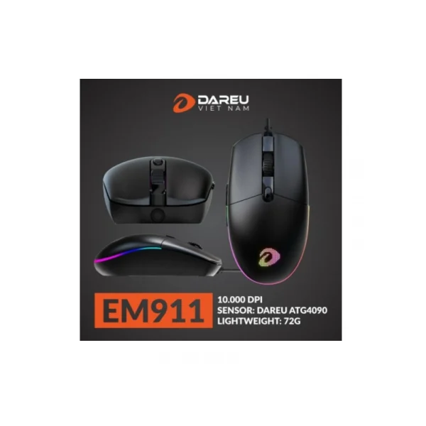Chuột Gaming DareU EM911 LED RGB, 10000 DPI – Đen