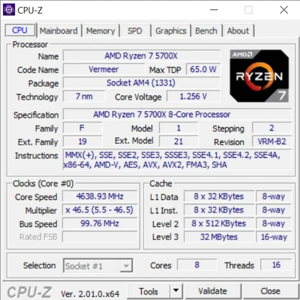 CPU AMD Ryzen 7 5700X (8C/16T) AM4